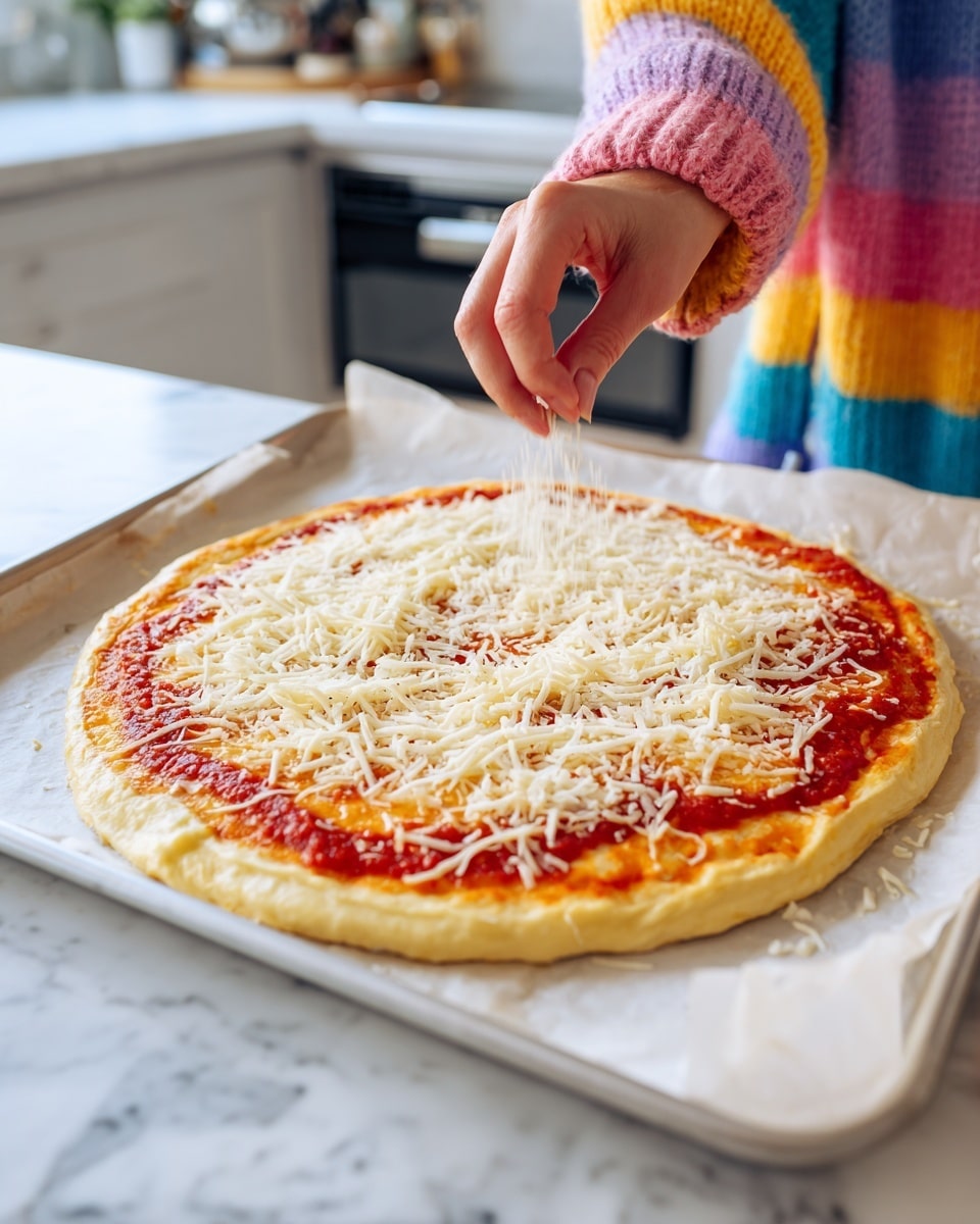 A round pizza on a white baking tray shows three layers: the bottom layer is a golden-baked crust with a slightly uneven edge, above it is a smooth, bright red tomato sauce spread evenly almost to the edge, and the top layer is a generous sprinkle of white shredded cheese being scattered by a woman's hand from above. The scene is set on a white marbled surface with a background of a kitchen and a person wearing a colorful striped sweater of pastel blue, peach, pink, and yellow. Photo taken with an iphone --ar 4:5 --v 7