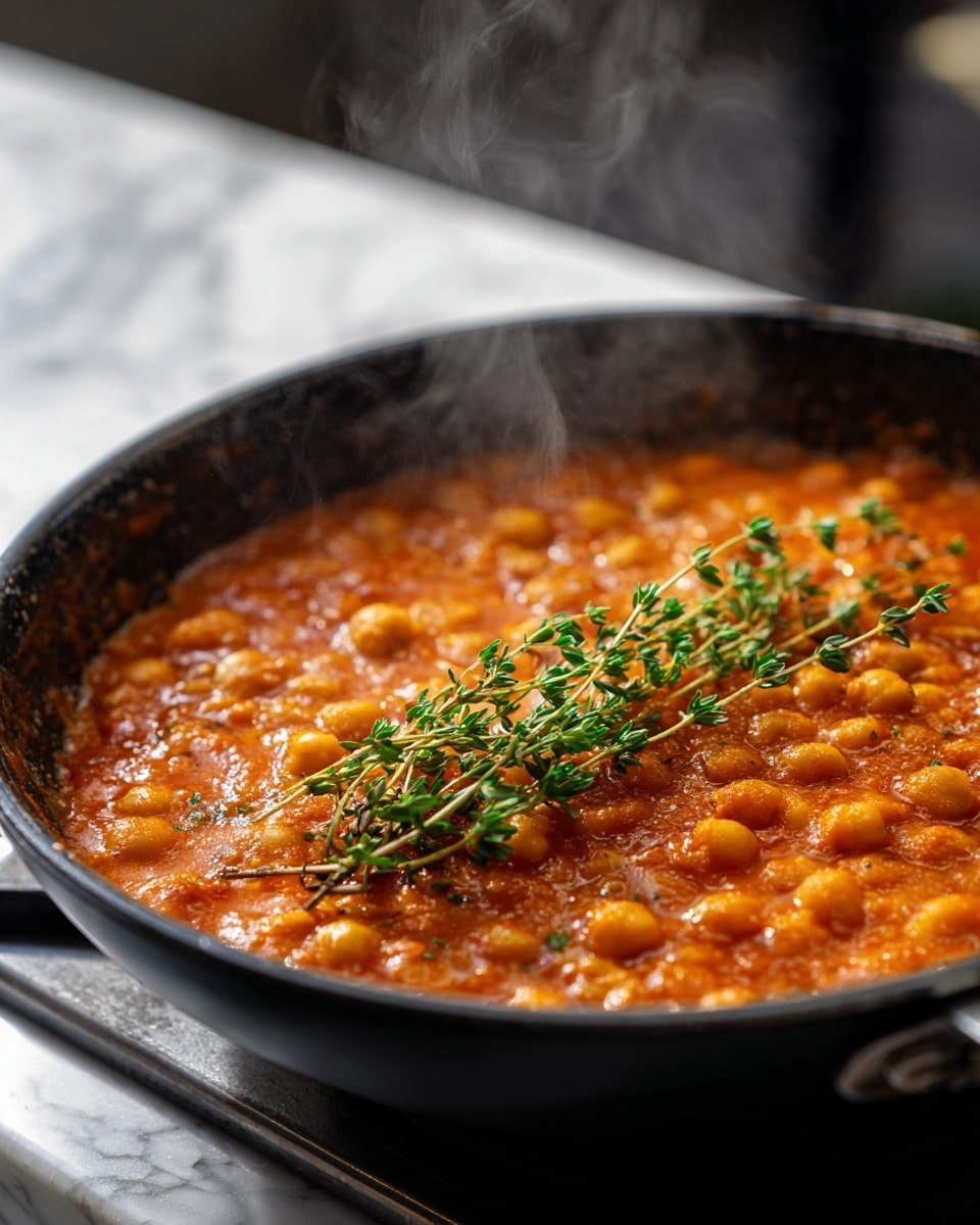 A close-up view of a black frying pan filled with a bubbling orange-red chickpea stew. The stew has a thick texture with many chickpeas visible throughout the surface. On top, there is a fresh green sprig of thyme placed diagonally, adding contrast. Steam rises gently from the dish, showing that it is hot. The pan sits on a stove with a white marbled surface beneath it. photo taken with an iphone --ar 4:5 --v 7