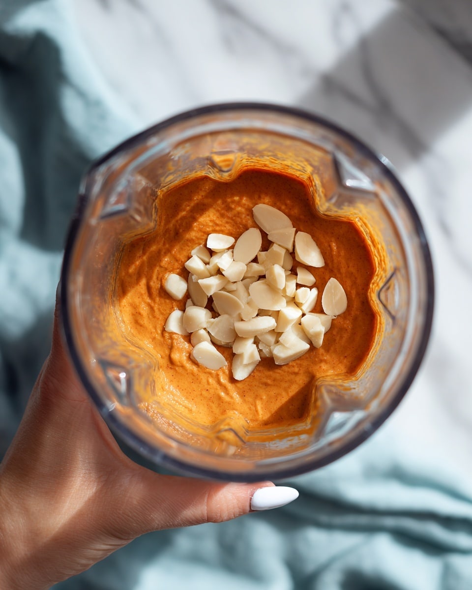 A clear glass blender jar held by a woman's hand with white painted nails is shown from above. Inside the jar is a thick, smooth orange mixture coating the sides, and in the center on top lies a pile of small, pale cream-colored chunks or chips. The background behind the jar is a white marbled texture with soft sunlight casting shadows over a light blue fabric below. Photo taken with an iphone --ar 4:5 --v 7