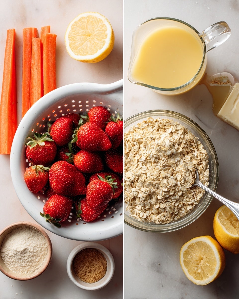 The image shows two sections side by side on a white marbled surface. On the left, there is a white colander filled with fresh red strawberries with green tops, surrounded by three orange carrot sticks laid flat, a halved lemon showing its light yellow inside, a small white bowl filled with light tan oats, a small bowl of brown powder, a small bowl of white powder, and a white stick of butter in clear wrapper. On the right, there is a close-up of a clear glass bowl filled with a dry mixture of oats and crumbs, with a woman's hand pouring a pale yellow liquid from a clear measuring cup into the bowl, and a metal spoon resting inside the bowl. The colors are soft and natural. photo taken with an iphone --ar 4:5 --v 7