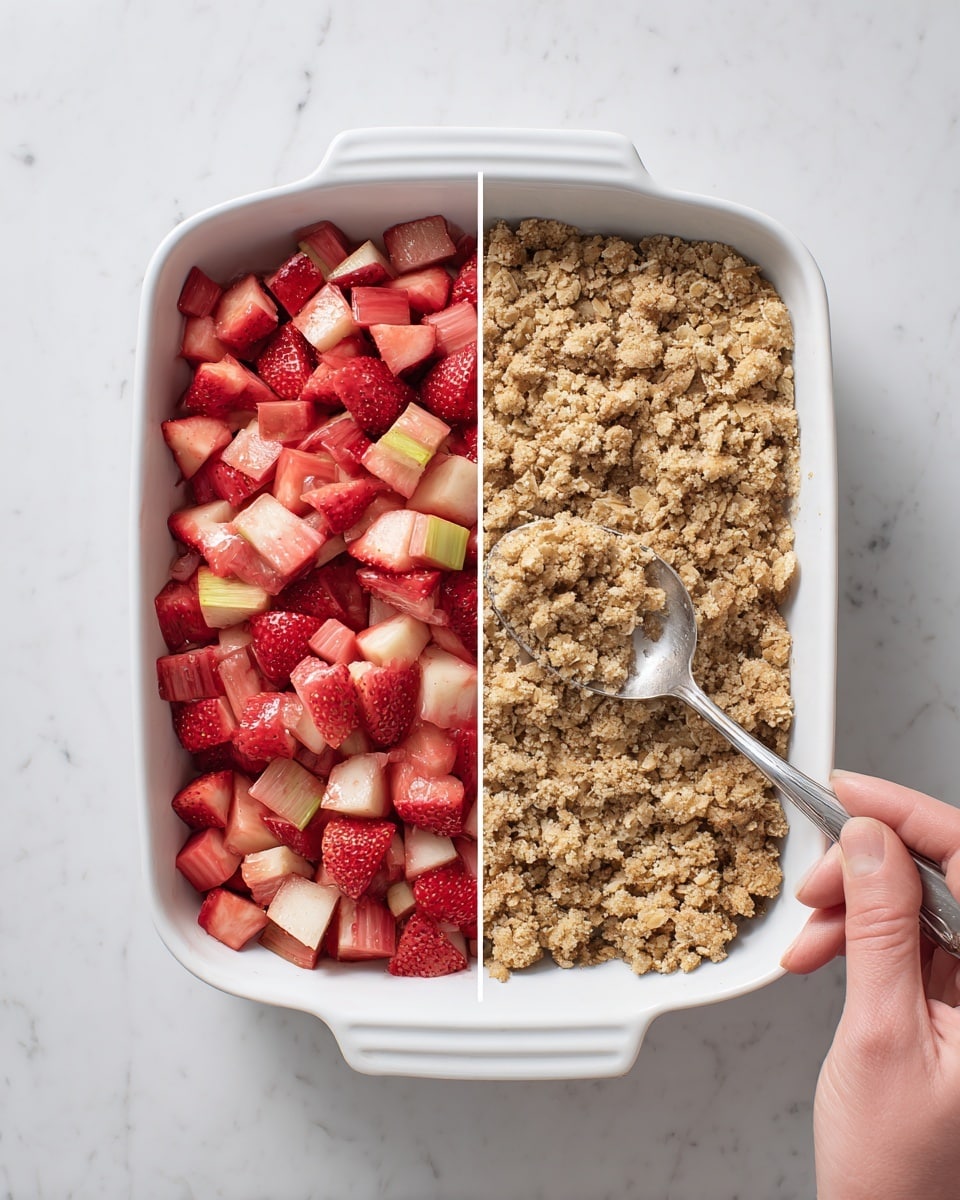 The image shows two side-by-side views of a white baking dish on a white marbled surface. On the left, the dish is filled with one layer of chopped strawberries and rhubarb, the pieces are small, red, and pinkish-white. On the right, the same dish has a second layer added on top of the fruit layer, made of a golden-brown oat crumble with a rough texture. A woman's hand is holding a silver spoon and spreading the oat crumble evenly over the fruit. Photo taken with an iphone --ar 4:5 --v 7