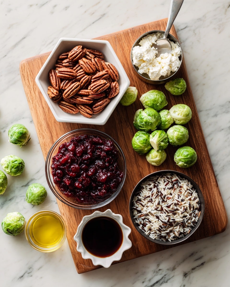 The image shows a wooden cutting board on a white marbled surface with fresh green Brussels sprouts scattered across it. On the board, there is a white hexagonal bowl filled with large pecans, a small round metal cup holding white cottage cheese with a spoon in it, and a clear glass bowl filled with bright red cranberries. Nearby, a round black bowl contains mixed rice grains with colors of brown, white, and black. A small white scalloped dish holds dark soy sauce, and a small metal container contains golden olive oil. The scene is bright and clean, with all items neatly arranged for easy preparation photo taken with an iphone --ar 4:5 --v 7