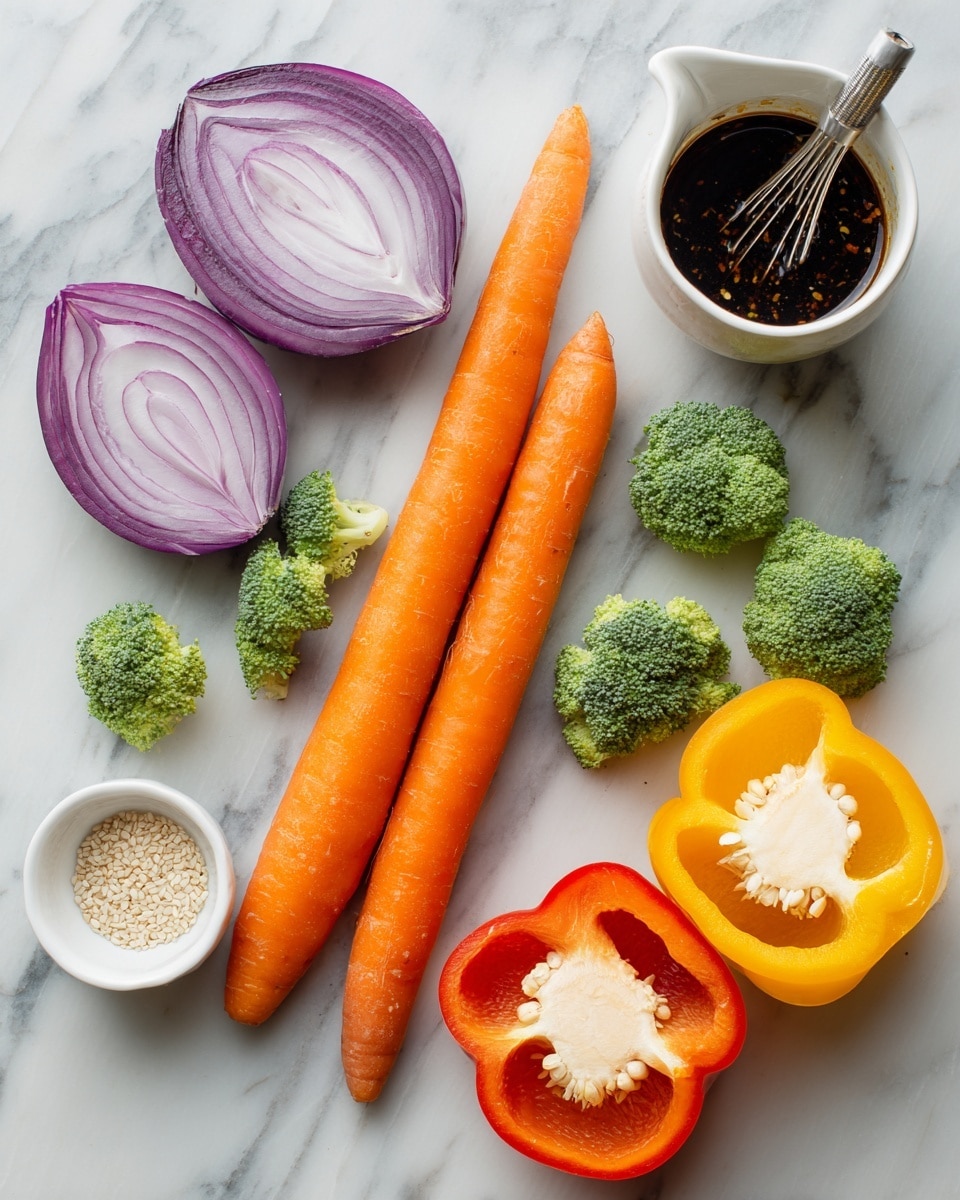 The image shows a flat lay of fresh vegetables and ingredients on a white marbled surface. There are two large bright orange carrots placed diagonally in the center. Around the carrots, there are several small green broccoli florets scattered. Two halves of a red bell pepper and two halves of a yellow bell pepper are placed closely to each other on the right side, all showing their white seeds inside. At the top left corner, two halves of a red onion with white and purple layers are side by side. Next to the onion, a small white bowl holds light-colored sesame seeds. Near the bottom middle, a small white measuring jug contains a dark liquid. At the top right corner, a small clear measuring cup holds a dark sauce with visible spices and a metal whisk inside. photo taken with an iphone --ar 4:5 --v 7