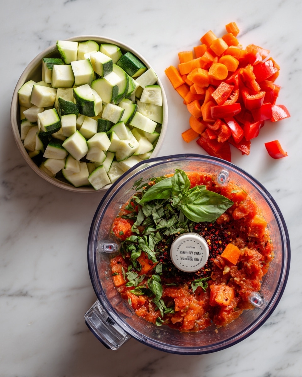 The image is split into two sections on a white marbled surface. On the left, there are three piles of diced vegetables: green and white zucchini pieces on top left, bright orange carrots inside a measuring cup placed in the center, and red bell pepper pieces at the bottom right. On the right side, there is a clear food processor bowl filled with roughly blended tomato chunks, dark red chili flakes, and fresh green basil leaves on top. The mix looks fresh and vibrant, combining red, green, and brownish colors inside the transparent bowl. Photo taken with an iphone --ar 4:5 --v 7