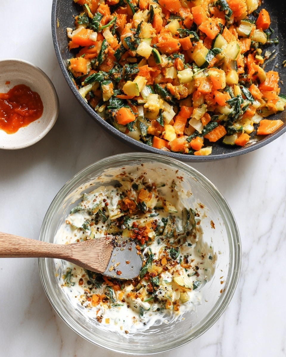 The left side shows a black pan filled with cooked diced vegetables including orange carrots, green spinach leaves, and yellow and green squash mixed together, creating a colorful mix with a soft, slightly wilted texture. On the right side, there is a clear glass bowl on a white marbled surface containing a mixture of creamy white yogurt or sauce, dark green and orange cooked vegetable bits, and black pepper specks being stirred with a wooden spatula that has a gray silicone head. In the background, a small white bowl with a red sauce is partially visible. Photo taken with an iphone --ar 4:5 --v 7