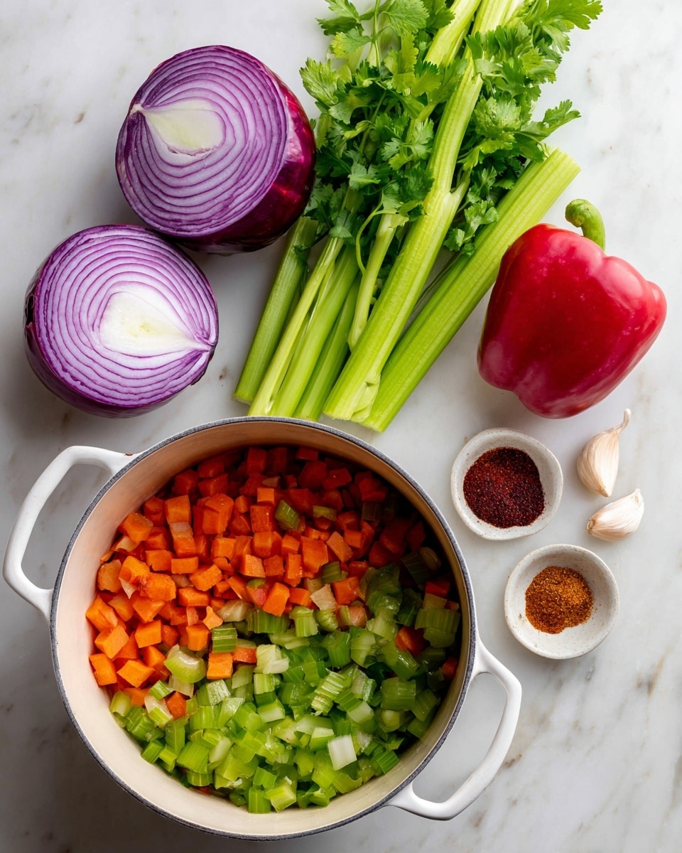 The left side shows fresh ingredients on a white marbled surface: two halves of a purple onion with white layers inside, three light-colored garlic cloves, a bright red bell pepper, two stalks of celery with green leaves on top, a bunch of fresh green cilantro, and a small white bowl filled with four different spices in brown, red, and green shades. On the right side, a white pot sits on the same white marbled surface, filled with a mix of small chopped vegetables showing bright orange carrots, green celery, and purple onion pieces. The vegetables are evenly distributed inside the pot. Photo taken with an iphone --ar 4:5 --v 7