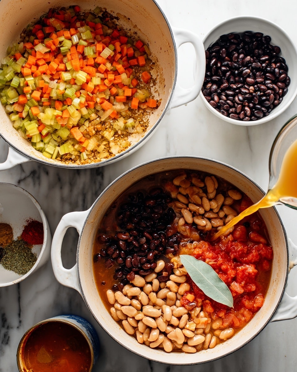 The image shows two white pots on a white marbled surface with different stages of cooking chili. The left pot contains small diced orange and green vegetables, mostly carrots and celery, sautéed and spread evenly across the bottom, with brown cooked bits around the edges. Around this pot are two white bowls, one with black beans and the other with pinto beans, and a can of crushed tomatoes partially visible below. The right pot holds layers of ingredients for chili: light brown pinto beans on the left, black beans on the right, diced bright red tomatoes near the back, and a beige bay leaf on top. Orange liquid is being poured into the right pot from above. A light blue spoon rests inside the pot. The surface under the pots is white marble. Photo taken with an iphone --ar 4:5 --v 7