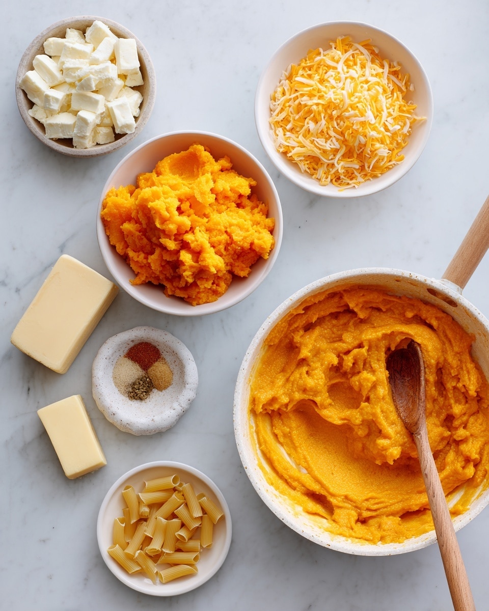 The image shows two parts: on the left, several white bowls and a small white dish with ingredients are placed on a white marbled surface. There is a bowl with orange mashed pumpkin, a bowl with bright orange shredded cheddar cheese, a bowl with white cubed cream cheese, a small dish with brown and light beige spices, some sticks of butter, and uncooked macaroni pasta scattered around. On the right, a white pan holds a thick orange pumpkin mixture being stirred with a wooden spoon, showing smooth and slightly chunky textures. photo taken with an iphone --ar 4:5 --v 7