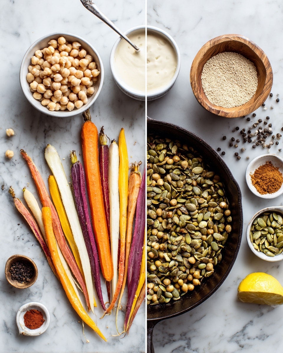 Two images side by side on a white marbled surface. Left side shows a white bowl full of beige chickpeas at the bottom left, next to colorful raw carrots in orange, white, purple, and yellow, placed diagonally from bottom left to center right. Above the chickpeas is a small white bowl with a creamy white sauce and a spoon inside. At the top right of the image, there is a wooden bowl filled with light brown grains, and below it, a small white bowl with green pumpkin seeds. On the bottom left corner, small white bowls hold dark brown and light brown spices and garlic cloves. A cut lemon sits at the far top left corner. Right side shows a black cast iron pan on the same white marbled surface filled with toasted green pumpkin seeds, some with brown spots indicating roasting. photo taken with an iphone --ar 4:5 --v 7