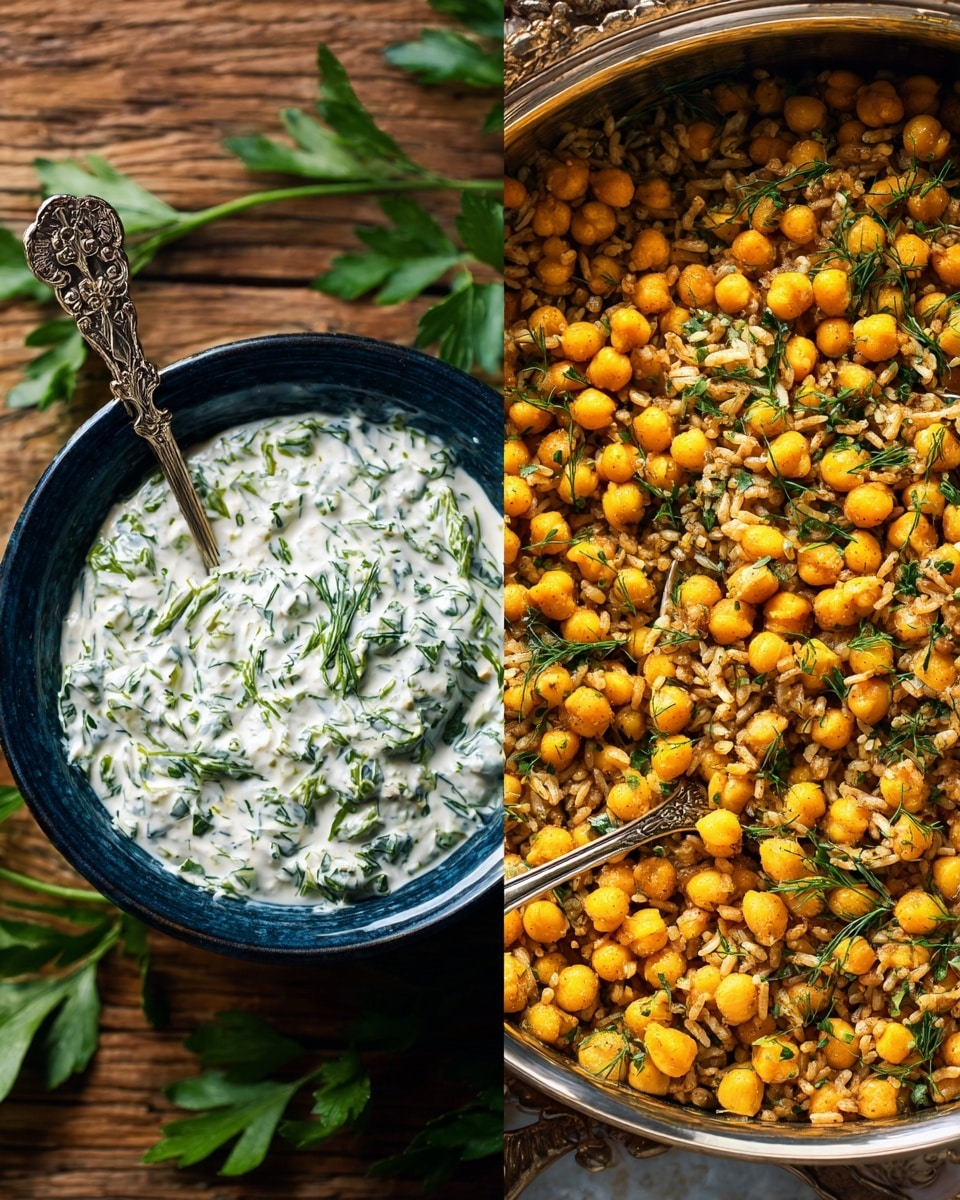 The image shows two separate close-up views side by side. On the left, a small dark blue bowl filled halfway with a creamy white sauce that has green herb bits mixed in, with an ornate silver spoon inside the bowl. The bowl is placed on a warm wooden surface with green parsley leaves scattered around it. On the right, there is a close-up of a metal pot filled with a mix of cooked chickpeas and brown grains, giving a textured look of round yellow chickpeas and fluffy brown grains, with a silver spoon resting inside the pot. The background is a white marbled texture photo taken with an iphone --ar 4:5 --v 7