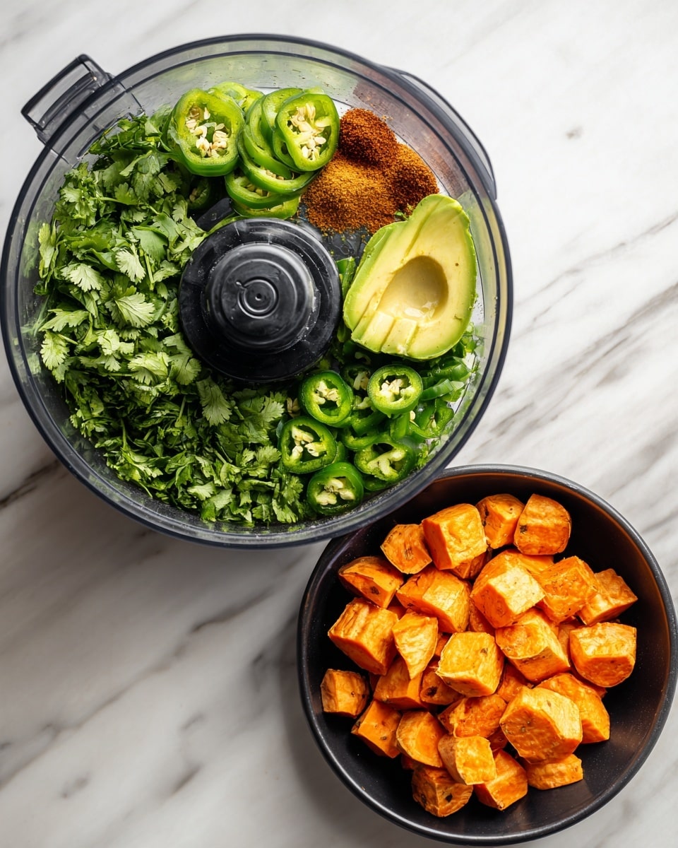 The left side shows a clear food processor bowl with layers of fresh green cilantro leaves at the bottom, bright green chopped jalapeno pieces scattered inside, and several light green avocado slices on top, along with a pile of brown spices positioned near the center, all surrounding a black central blade holder. The right side displays a black pan filled with evenly spread small orange cubes of sweet potatoes with a slightly cooked, soft texture. Both are set on a white marbled surface. photo taken with an iphone --ar 4:5 --v 7