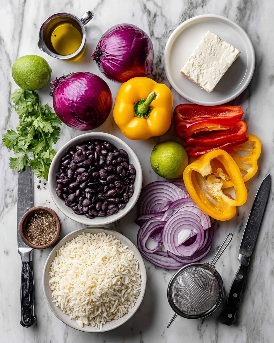 The image shows fresh ingredients laid out on a white marbled surface, including two whole purple onions, one halved lime, three whole bell peppers in yellow and red colors, a small metal cup of oil, a white plate with a block of white cheese, a small bowl with mixed spices, fresh cilantro, a pepper grinder, a strainer with cooked black beans, and a strainer with cooked brown rice. Another part of the image shows sliced bell peppers in yellow and red, along with peeled and sliced purple onions on a white marbled surface with a black-handled knife nearby. Photo taken with an iphone --ar 4:5 --v 7