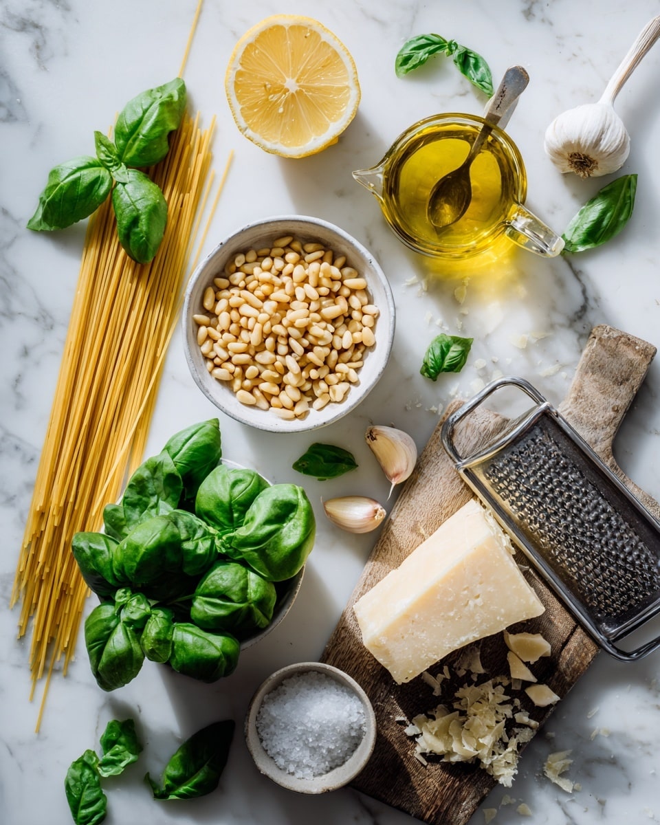 The image shows an overhead view of ingredients for a pasta dish arranged on a white marbled surface. A bundle of uncooked spaghetti with a light golden color lies on the left side. Next to it, there is a small white bowl filled with pale pine nuts. Below that is a bowl of fresh green basil leaves, the leaves are large and vibrant. Above the basil bowl, there is half a lemon with its bright yellow inside facing up and two garlic cloves next to it. At the top right, there is a clear glass measuring cup filled with golden olive oil. On the right side, a wooden board holds a metal grater with a block of pale cheese and some cheese shavings scattered around. A small bowl of coarse salt with a spoon sits next to the grater on the board. A few scattered basil leaves are placed around the scene for decoration. Photo taken with an iphone --ar 4:5 --v 7