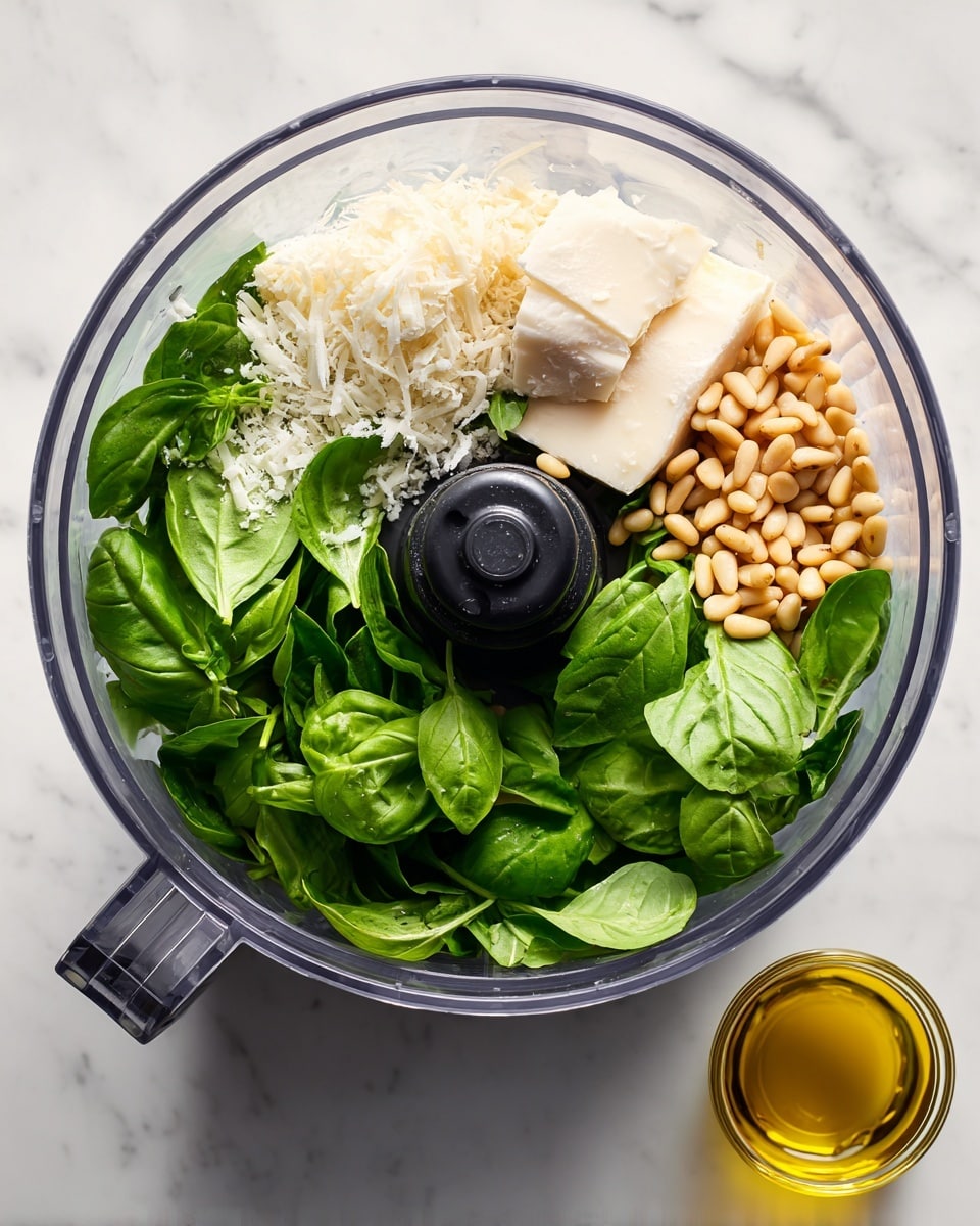 A clear food processor bowl sits on a white marbled surface, filled with fresh green basil leaves arranged mostly on the right side, light tan pine nuts scattered near the basil, and finely shredded white cheese with some small cheese chunks and a light sprinkle of salt on the left side. To the bottom right of the food processor is a small clear glass container with golden olive oil. The food processor lid is off, showing the black central blade holder in the middle. photo taken with an iphone --ar 4:5 --v 7