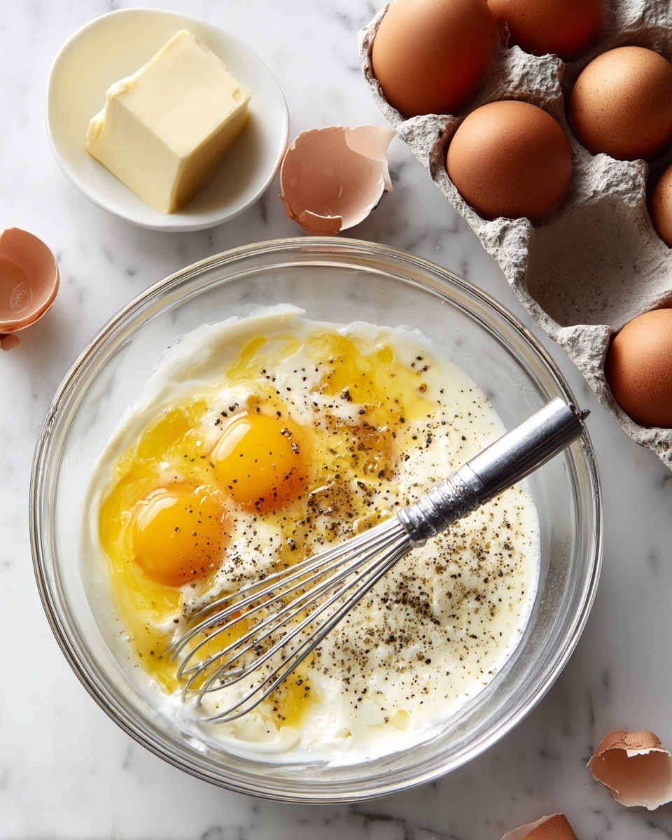 A clear glass bowl contains a mixture of cracked eggs with bright golden yellow yolks floating in a layer of white cream. On top, there is a sprinkling of coarse black pepper, creating small dark specks across the smooth creamy surface. A stainless steel whisk rests inside the bowl, partially submerged in the mix. The bowl is placed on a white marbled surface. Nearby, an open carton holds several brown eggs and some broken eggshells. Above, there is a small white bowl with a square piece of light yellow butter. photo taken with an iphone --ar 4:5 --v 7