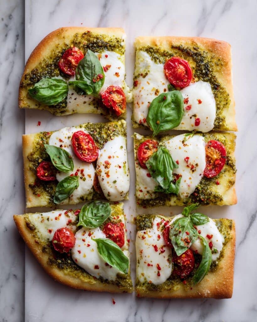 Pesto Pizza with Fresh Mozzarella and Cherry Tomatoes Recipe