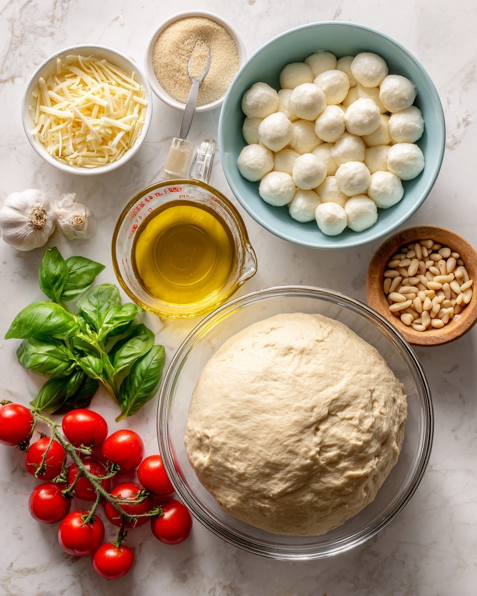 The image shows ingredients on a white marbled surface needed for a fresh pizza. On the right, there is a large glass bowl filled with soft, risen dough that is light beige with a smooth fluffy texture. Above it is a light blue bowl full of small white mozzarella balls, smooth and shiny. To the left of the dough is a clear glass measuring cup filled with golden olive oil. Below the oil, there are bright green fresh basil leaves scattered around. Cherry tomato clusters with rich red, shiny skin and green stems are placed on the left side near a small white bowl full of ivory pine nuts. Above the pine nuts, two peeled white garlic cloves rest next to a small wooden bowl filled with shredded pale yellow cheese. A small white bowl with a rough-textured light tan powder and a spoon is at the top left corner. The colors and textures are fresh and natural. photo taken with an iphone --ar 4:5 --v 7