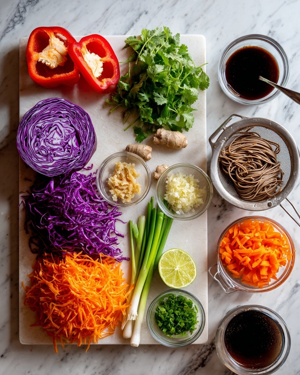 The image shows two parts side by side on a white marbled surface. On the left part, there are many fresh ingredients arranged separately: two halves of a red bell pepper on the top left, a half purple cabbage with a swirl pattern next to it, a bunch of green cilantro on the top right, a small piece of fresh ginger root below this, three orange carrot sticks arranged downward next to brown soba noodles that are stacked together in the middle, and green onions with white ends at the bottom left. On the right part, the ingredients are more prepared: a white cutting board in the center holds shredded purple cabbage, some finely shredded orange carrots on the right side, and bright orange-red bell pepper pieces near the top right. Next to these colorful shredded vegetables are two small glass bowls holding finely grated garlic and ginger. Below the cutting board, a metal measuring cup is filled with chopped cilantro, and below that is a halved lime with bright green color. To the top right is a metal colander with the cooked soba noodles inside. Near the bottom of the image, there is a clear glass measuring cup with a dark liquid and a smaller cup with a similar dark liquid. The overall colors are fresh and vibrant, with layers of raw and prepared ingredients clearly visible. photo taken with an iphone --ar 4:5 --v 7
