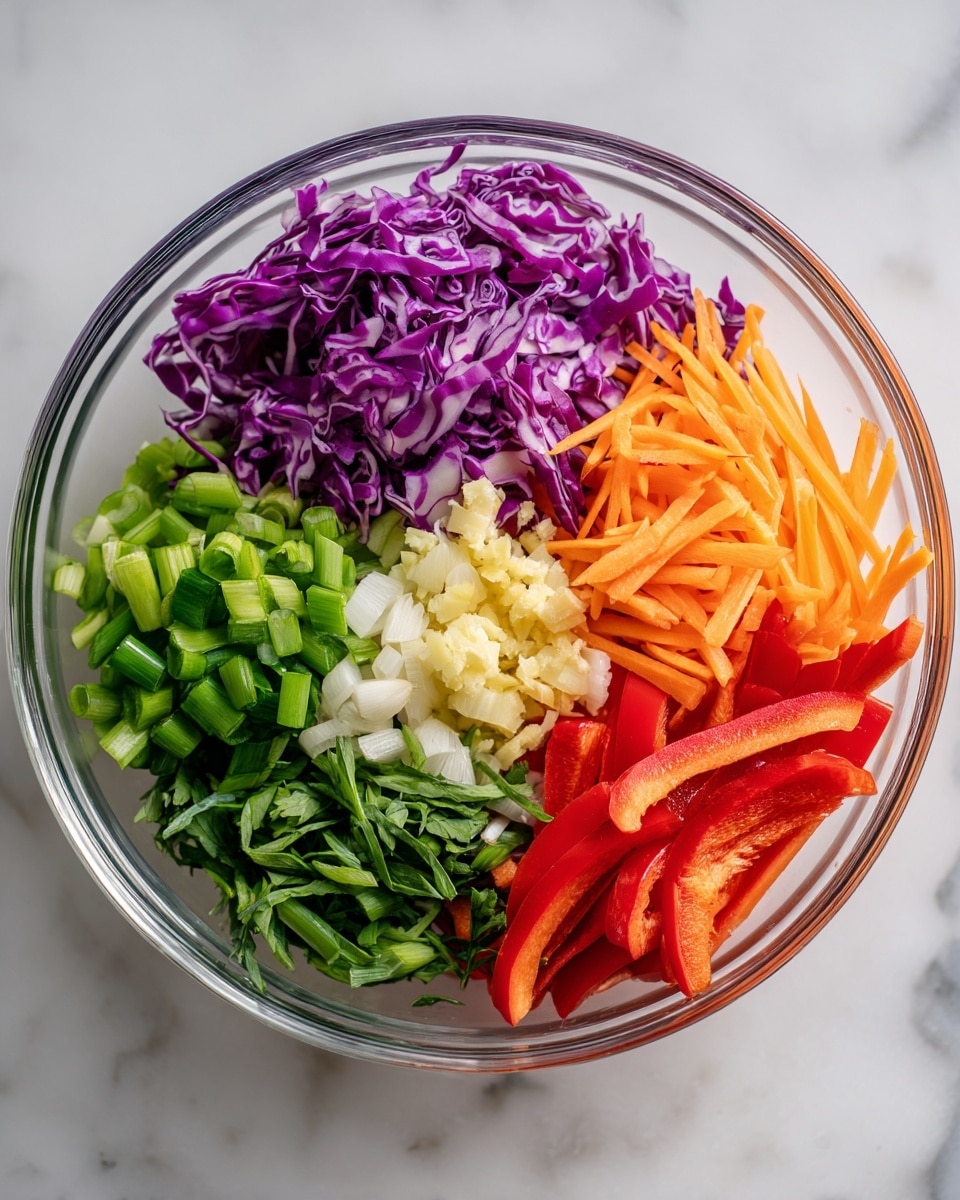 A clear bowl sits on a white marbled surface, filled with fresh, colorful vegetables arranged in separate piles. Starting from the top left, there is shredded purple cabbage with a crisp texture, followed by thin orange carrot strips slightly overlapping the cabbage. Next to the carrots are chopped green onions, finely sliced, accompanied by a scattering of small diced garlic and a light sauce in the center. Near the bottom left, fresh green herbs are loosely stacked, and to the right of that are thin red bell pepper strips lying beside the carrots. All the colors contrast brightly inside the clear bowl, showing a fresh, vibrant salad mix. Photo taken with an iphone --ar 4:5 --v 7