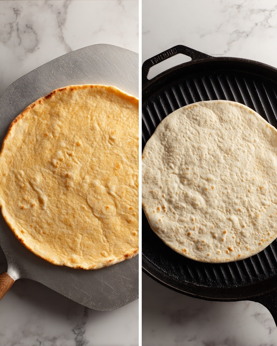 The image shows two stages of preparing flatbread. On the left, there is a round, smooth dough sheet with a light orange color and soft texture placed on a metal pizza peel over a white marbled surface. On the right, the same dough is slightly puffed with small bubbles on top, off-white in color, resting on the pizza peel inside an open black grill. photo taken with an iphone --ar 4:5 --v 7
