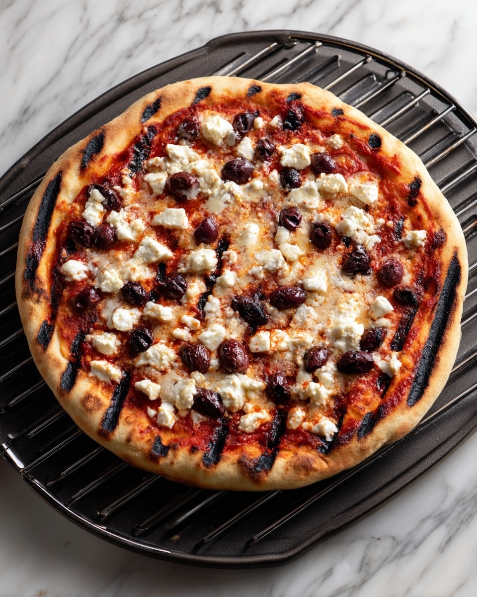 The image shows a grilled pizza with a single round layer of golden-brown dough marked with dark grill lines. On top, there is a layer of bright red tomato sauce spread evenly, scattered with chunks of white cheese and halved black olives. The pizza sits on a metal pizza peel and a grill, both placed on a white marbled surface. The texture of the dough looks soft in the middle and crisp on the edges. Photo taken with an iphone --ar 4:5 --v 7