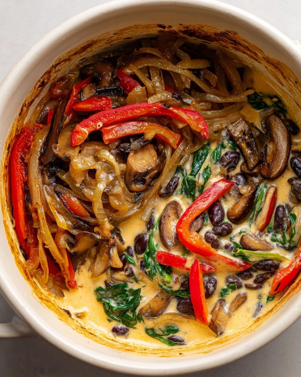The image shows two close-up scenes side by side. On the left is a white pot filled with one layer of cooked vegetables, including soft golden onions, tender brown mushrooms, and bright red bell pepper strips, all mixed together with a slightly oily texture. The inside of the pot has brown cooked marks. On the right, a creamy mixture sits in a white pot, showing layers of silky sauce coating black beans, green spinach leaves, sliced red bell peppers, softened mushrooms, and thin onion strips. The colors blend well, with the dark black beans contrasting against the creamy sauce and colorful vegetables. photo taken with an iphone --ar 4:5 --v 7