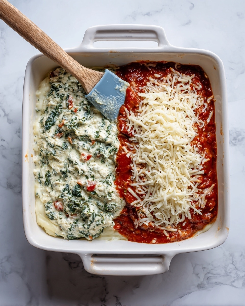 The image shows a white square baking dish on a white marbled surface with two stages of a layered dish. On the left side, there is a creamy layer mixed with green leafy vegetables and small red pieces, topped with thick red tomato sauce in the middle. A spatula with a blue silicone head and wooden handle, partially covered in the creamy mix, rests inside the dish. On the right side, the same dish is topped with a generous layer of shredded white cheese covering the red sauce and creamy base fully. Photo taken with an iphone --ar 4:5 --v 7