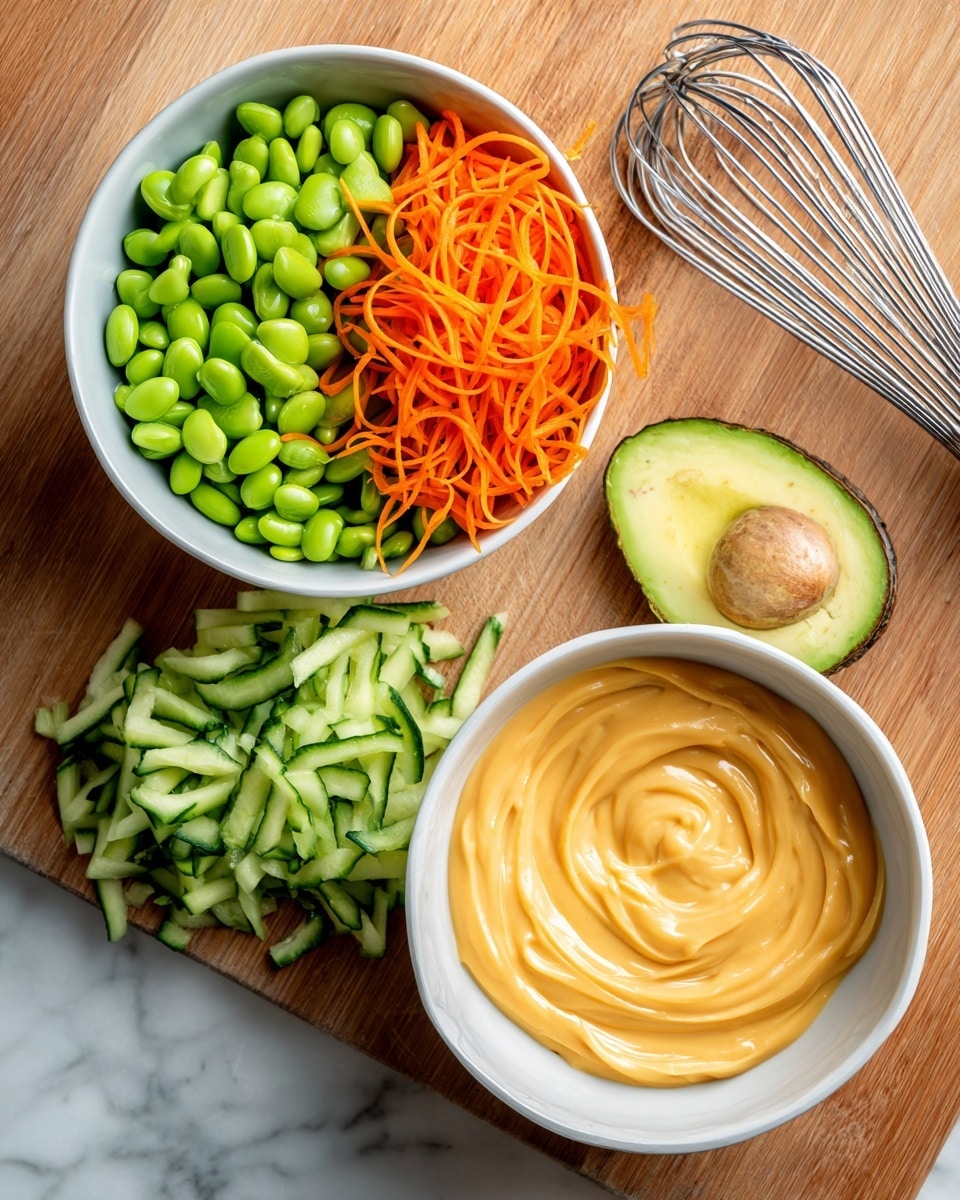 The image shows two white round bowls on a warm wooden surface set over a white marbled texture. The bowl on the left holds bright green edamame beans, and next to it are thin, curly orange carrot ribbons scattered around. Below that is a pile of chopped cucumber sticks in varying lengths with a section of a halved avocado showing its seed nearby. The bowl on the right contains a creamy, light orange sauce with smooth swirls inside and a metal whisk resting on the wooden surface beside it. photo taken with an iphone --ar 4:5 --v 7