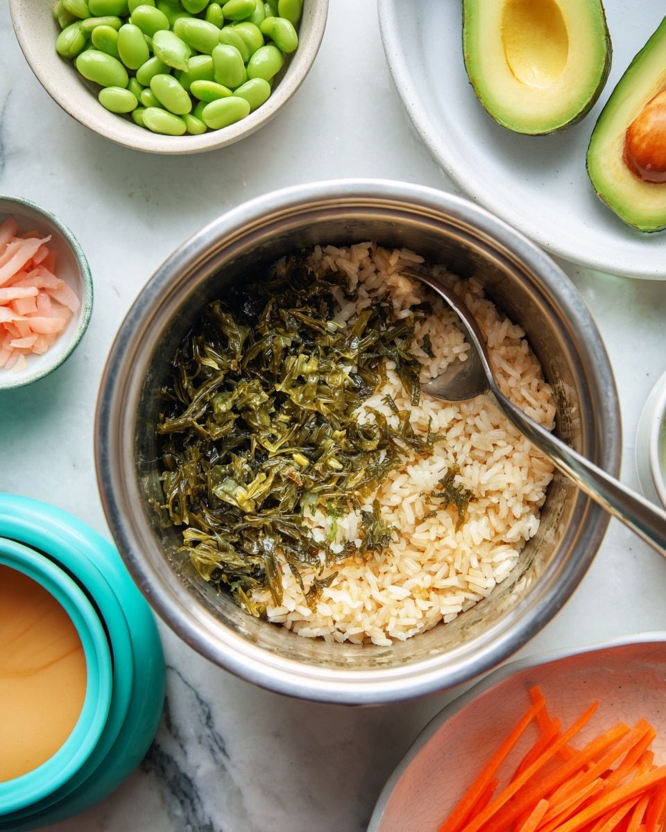 A close-up of a silver pot containing two visible layers: the bottom layer is cooked beige rice with a soft, grainy texture, and the top layer is dark green, finely chopped seaweed pieces spread unevenly on the rice. The pot is placed on a white marbled surface. Next to the pot, there is a white bowl filled with bright green edamame beans, two halves of an avocado with yellow-green flesh centered, a white plate holding thin, curled orange carrot strips and small sticks of green cucumber, and a small turquoise bowl with pale pink pickled ginger. A spoon rests inside the pot of rice and seaweed, and a white bowl with a creamy, light orange sauce is also nearby. photo taken with an iphone --ar 4:5 --v 7