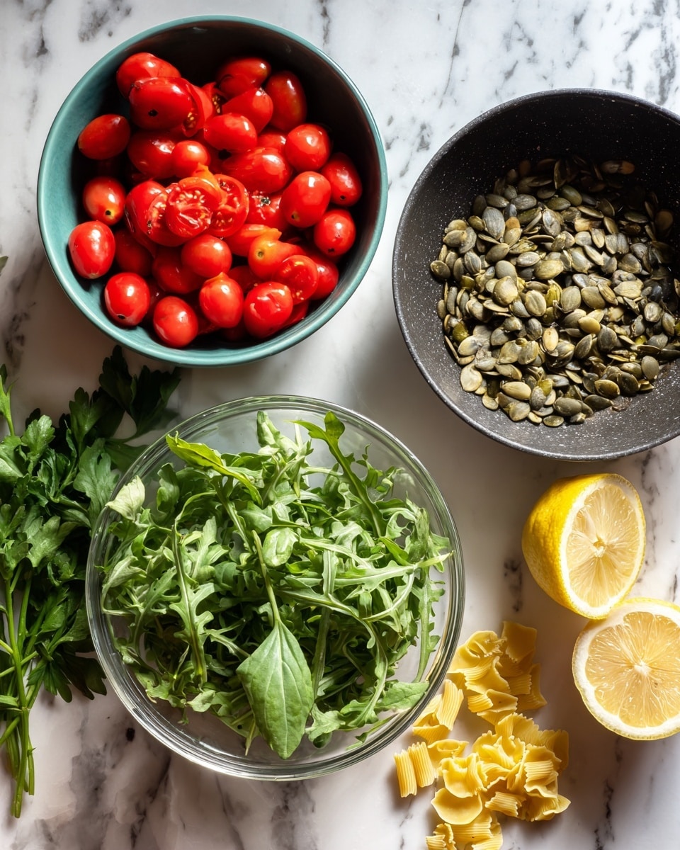 The image shows fresh ingredients laid out on a white marbled surface with four clear layers: a teal bowl filled with bright red cherry tomatoes at the top left, a black pan with toasted green pumpkin seeds in the top right, a clear glass bowl full of fresh green arugula leaves in the bottom right, and two half lemons along with a few small yellow pasta pieces near the bottom left. Some sprigs of green parsley and basil are placed between the bowls, adding a natural touch. The pumpkin seeds in the black pan are toasted to a light brown color in spots. photo taken with an iphone --ar 4:5 --v 7