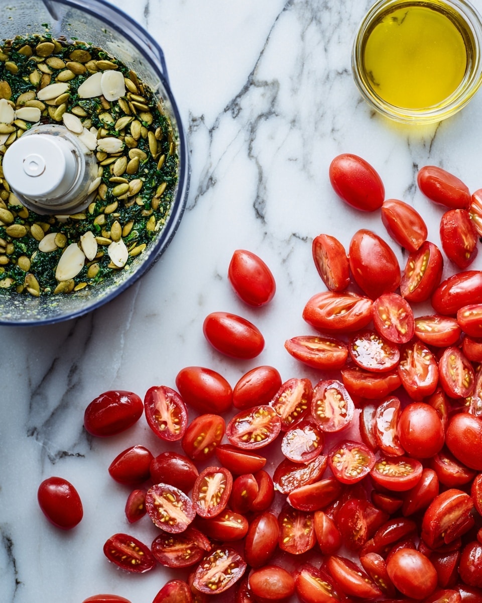 The image shows two parts: on the left, a food processor bowl filled with green herbs, shelled pumpkin seeds, and some garlic cloves sitting on a white marbled surface; behind it, there is a glass container with yellow olive oil and a lemon cut into halves. On the right, many small bright red grape tomatoes are sliced in half and scattered over the same white marbled surface, showing their juicy inner texture in a mix of red and light green colors. photo taken with an iphone --ar 4:5 --v 7