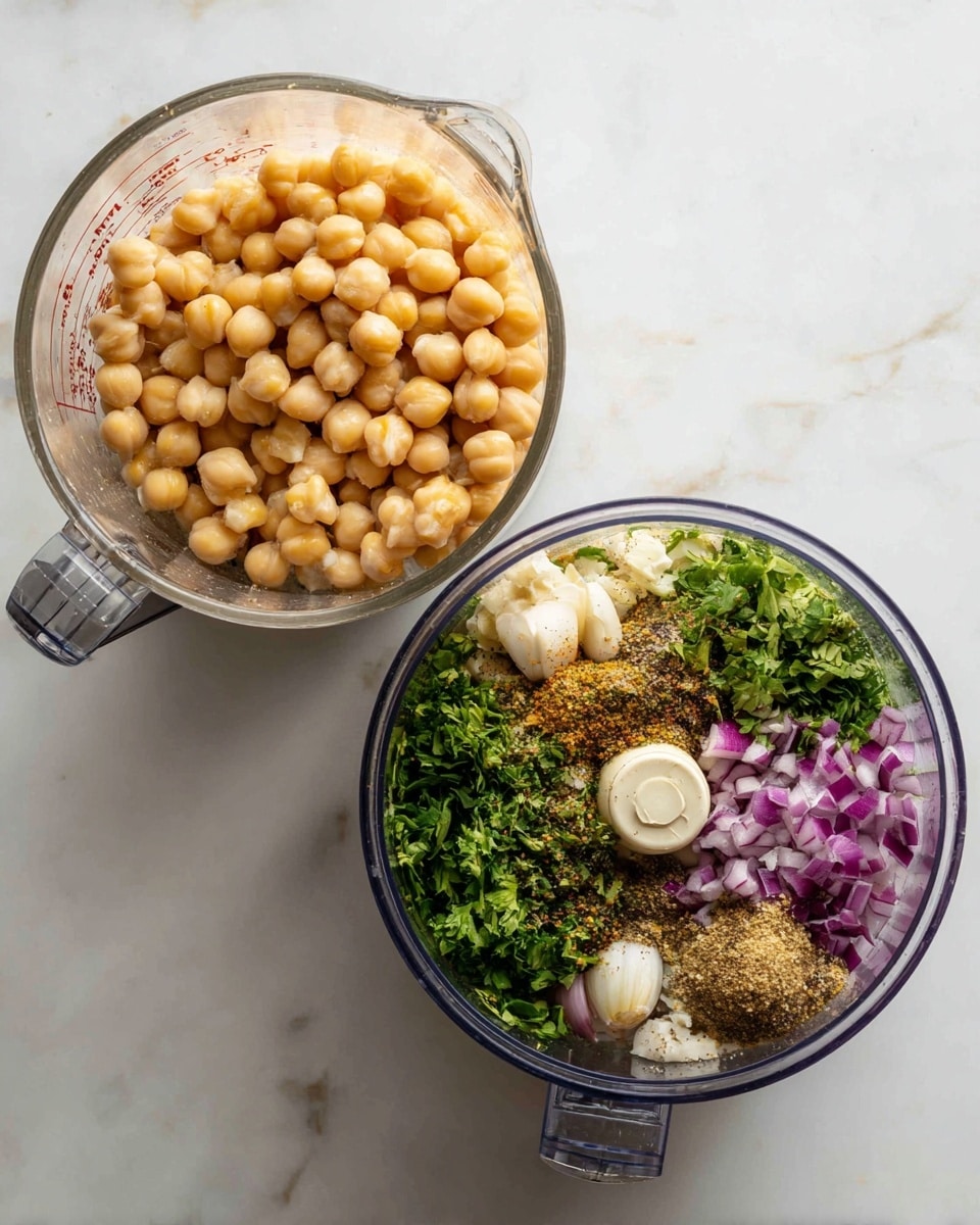 The image shows two clear glass containers on a white marbled surface. The left container is a measuring cup filled with light beige chickpeas, sitting in some water. The right container is a food processor bowl with layers of ingredients: at the bottom are chickpeas, followed by a layer of green parsley and cilantro leaves, then chopped purple onions and whole garlic cloves. The top is sprinkled with a mix of light brown spices. photo taken with an iphone --ar 4:5 --v 7