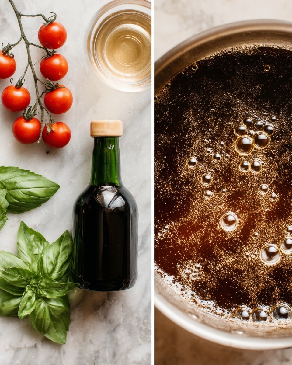 The image shows two parts: on the left, a dark green bottle of balsamic vinegar with a beige cap lies on a white marbled surface, next to three green basil leaves and a small bunch of bright red cherry tomatoes on the vine. At the top, there is a clear glass with a bit of liquid inside, also on the white marbled surface. On the right side, a close-up shows a thick dark brown liquid being poured into a large metal pot with bubbles forming on the surface of the liquid inside. photo taken with an iphone --ar 4:5 --v 7