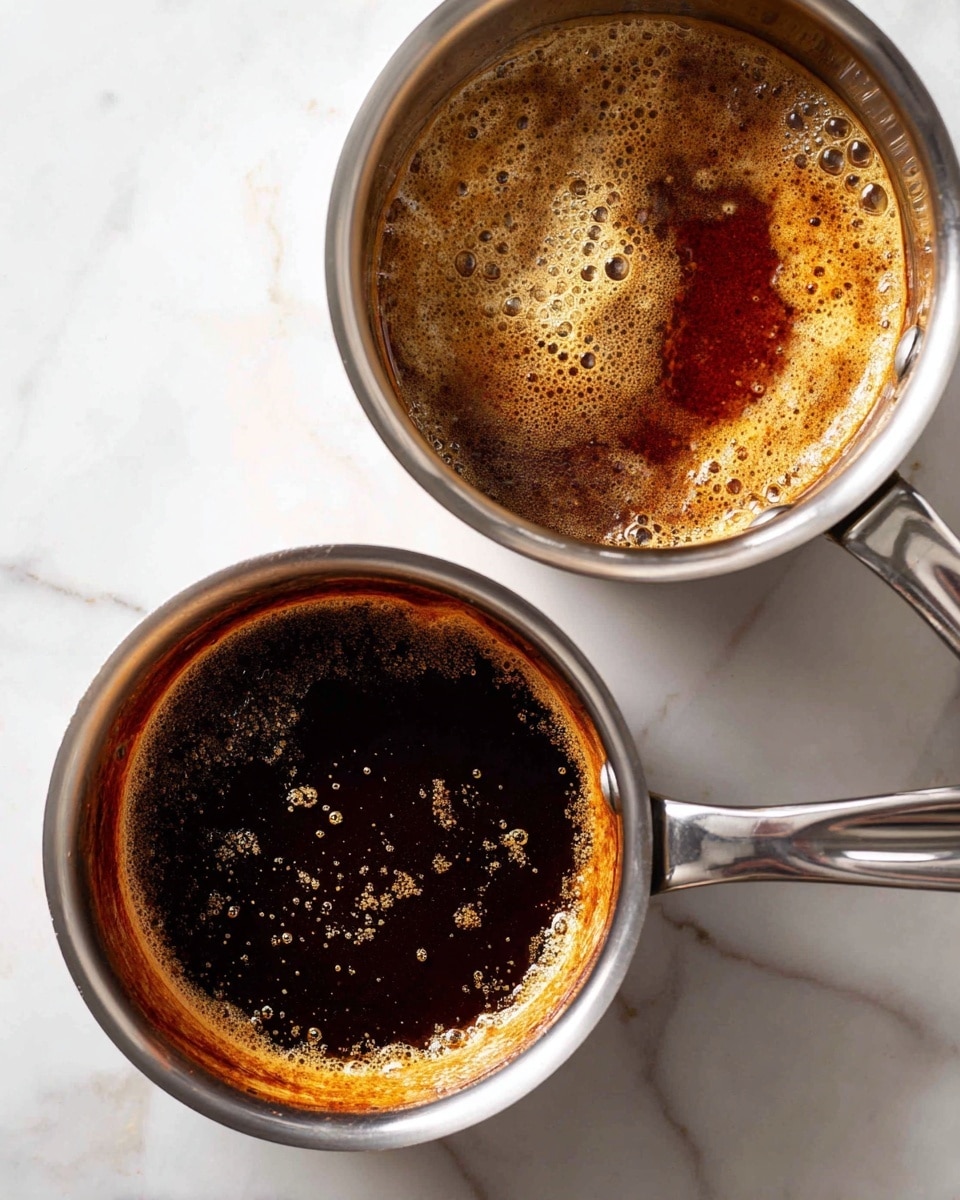 The image shows two stainless steel small saucepans placed separately. The first saucepan on a gas stove has a bubbling dark brown liquid with thick foam swirling on top, showing active boiling. The liquid surface has patches of dense foam in golden brown and black colors. The second saucepan is on a white marbled surface, filled with a dark, thick liquid with some small light brown specks floating. The inner sides of the pan have a reddish brown residue staining. Both pans have visible riveted handles. Photo taken with an iphone --ar 4:5 --v 7