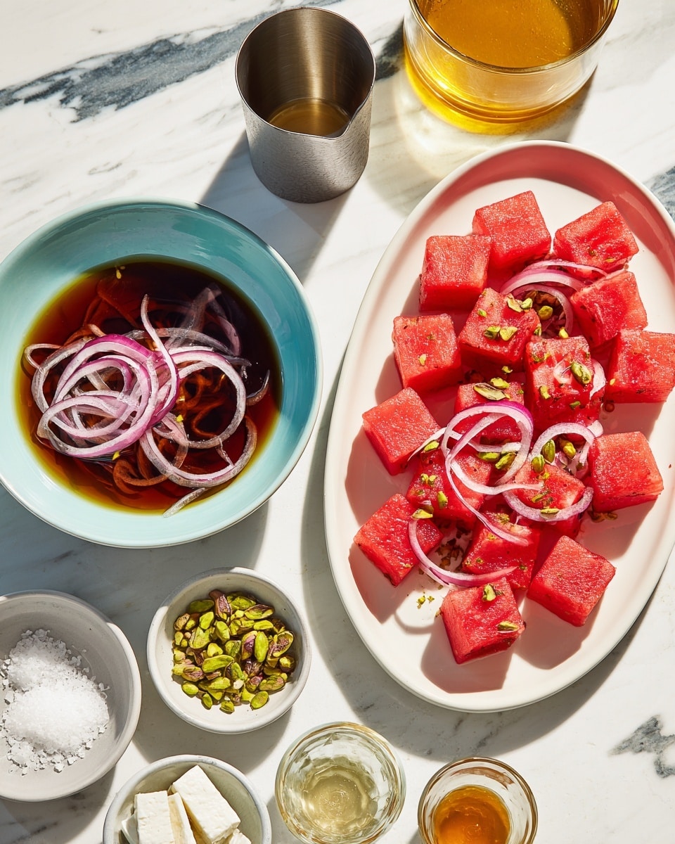 The image shows two dishes side by side on a white marbled surface. On the left, there is a light blue bowl filled with thin slices of red onion soaking in a dark brown liquid. Above the bowl, there is a small metal cup with a golden-yellow drink. On the right, a white oval plate holds many small red cubes of watermelon topped with thin red onion slices scattered across the top. Around the plate are small bowls with green pistachios, white cheese, and a small container with a golden liquid. The scene is brightly lit, giving a fresh and colorful look. photo taken with an iphone --ar 4:5 --v 7