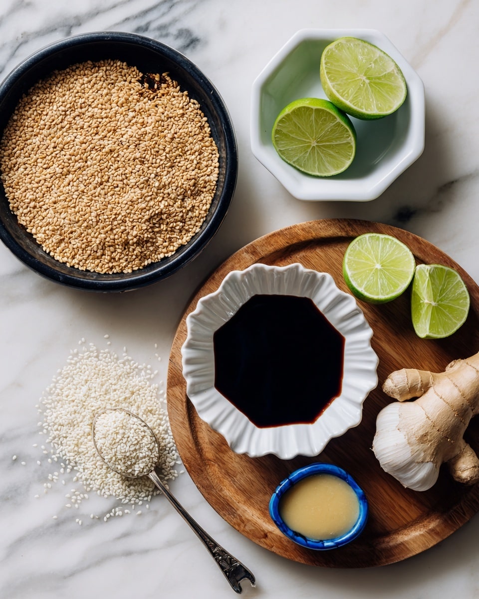 The image shows two parts side by side on a white marbled surface. On the left, a black pan contains a layer of light brown toasted sesame seeds spread unevenly inside the pan. On the right, a round wooden board holds several ingredients: two lime halves bright green on top left, a small white scalloped bowl with dark soy sauce in the center, a hexagonal white bowl with dark liquid next to the lime halves, a piece of fresh light brown ginger root on the right, a whole white garlic bulb at the bottom right, a blue small bowl with light yellow paste at the bottom, and a silver measuring spoon filled and slightly spilling white sesame seeds next to the bowls. The background is a white marbled texture. photo taken with an iphone --ar 4:5 --v 7