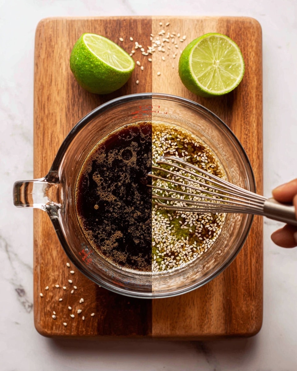 The image shows two close-up views of a clear glass measuring cup on a wooden board. On the left side, the cup contains a dark brown liquid with some bubbles floating on the surface and bits of light brown texture inside. On the right side, the cup holds a mixture of the dark brown liquid with many small white sesame seeds scattered throughout, being stirred by a whisk held by a blurred woman's hand. Two halves of a bright green lime sit on the wooden board above the cup, and some sesame seeds are scattered around the base of the cup. The background surface is a white marbled texture photo taken with an iphone --ar 4:5 --v 7