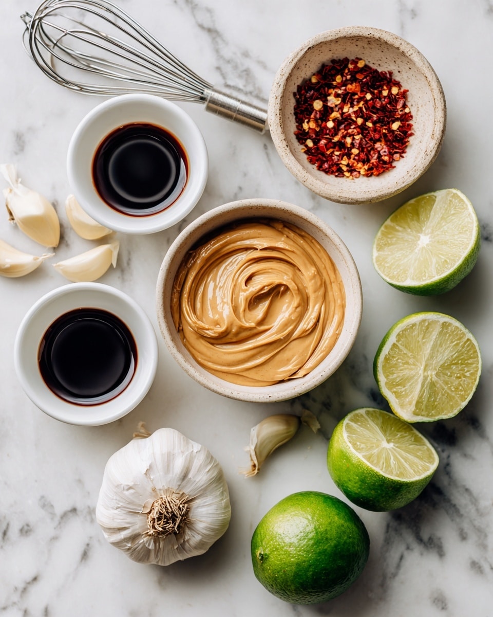 The image shows a white marbled surface with several ingredients arranged neatly. At the center, there is a small bowl filled with smooth, creamy peanut butter in a light brown color. To the left of it, there are two small white bowls, one containing a dark brown liquid and the other a very dark sauce. Below the bowls is a whole garlic bulb with some garlic cloves beside it. To the right, there are two halves of a green lime and a whole lime next to them. Above, there is a clear measuring cup with a metal whisk inside and a small beige bowl holding some red chili flakes. The colors are natural, showing earthy and fresh tones. photo taken with an iphone --ar 4:5 --v 7