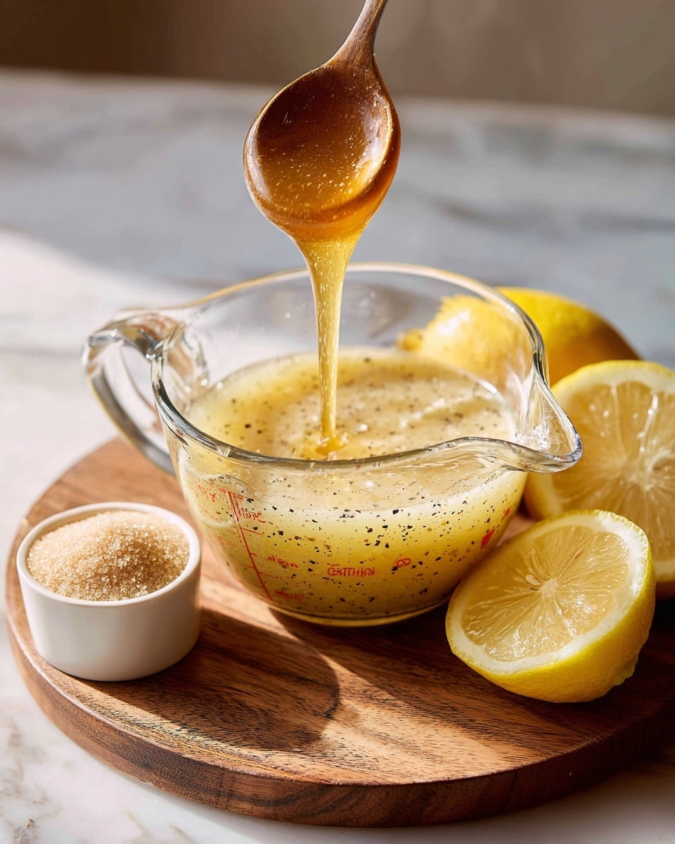 A clear glass measuring cup sits on a round wooden board over a white marbled surface, filled about halfway with a mix of pale yellow soft ingredients and black pepper specks. Golden honey is being poured in from above, flowing smoothly in a thick stream into the liquid mix below. To the right of the measuring cup are two lemon halves with bright yellow rinds and juicy, detailed flesh. In the bottom left corner, a small white bowl contains light brown granulated sugar. The lighting is soft and natural, highlighting the textures and colors of the ingredients clearly. photo taken with an iphone --ar 4:5 --v 7