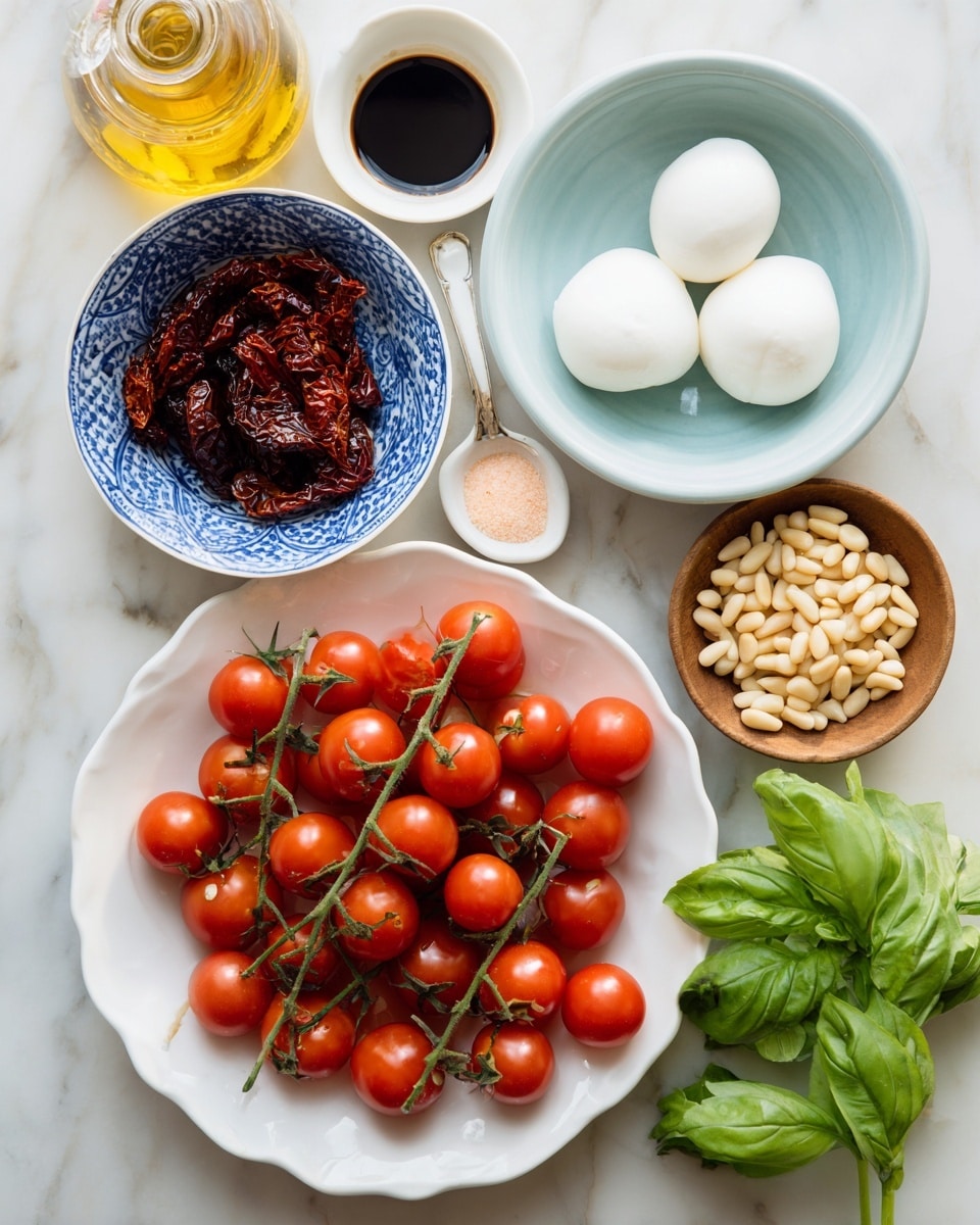 A white scalloped plate holds many small bright red cherry tomatoes still on their green stems, placed on the bottom left of the image. Above it, there is a small blue and white bowl filled with dark red sun-dried tomatoes. To the right of this bowl, a light blue bowl contains two smooth, white mozzarella balls. Near the top right, a small white bowl with a spoon contains a light pinkish powder. Below it, a small wooden bowl holds pale beige pine nuts. At the bottom right, fresh green basil leaves add a bright splash of color. On the top left, a small white scalloped dish holds dark balsamic vinegar, and part of a bottle of golden olive oil is visible on the left side. The background is a white marbled surface. photo taken with an iphone --ar 4:5 --v 7
