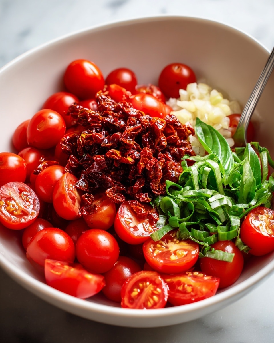 A close-up view of a bowl filled with bright red cherry tomatoes, some whole and some sliced in half, showing the juicy interior with seeds. On top of the tomatoes, there is a heap of finely chopped dark red sun-dried tomatoes with a slightly rough texture. Next to the sun-dried tomatoes, there is a small clump of pale, minced garlic and a small pile of thinly sliced fresh green basil leaves. The bowl is white with a deep shape, and the surface under the bowl is a white marbled texture. A silver spoon is partially submerged in the bowl among the tomatoes. Photo taken with an iphone --ar 4:5 --v 7