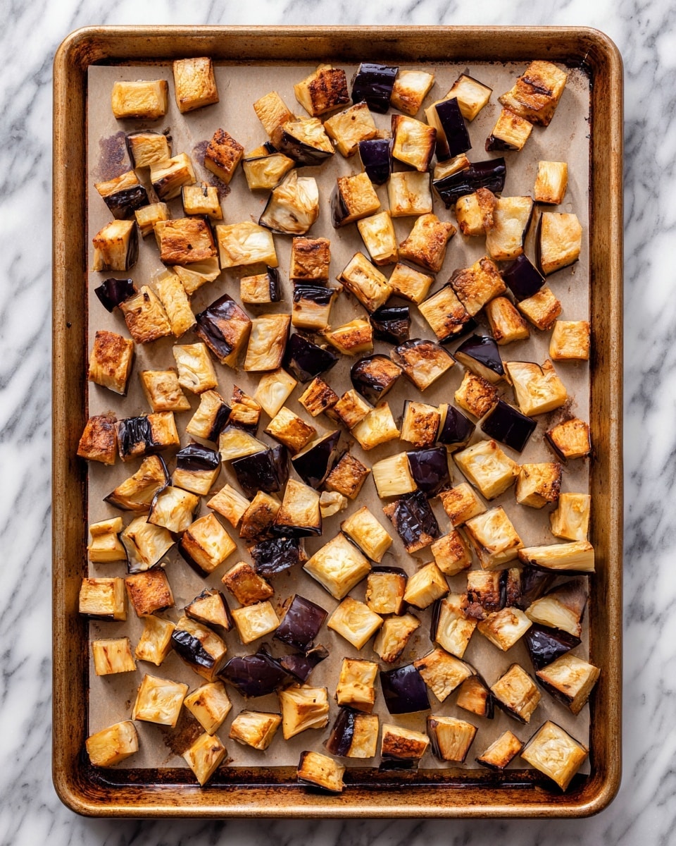 A large baking tray lined with parchment paper is filled with many small, light brown roasted eggplant cubes scattered evenly across the surface. The cubes show a mix of golden-brown cooked sides and some darker purple skin pieces, giving a nice contrast. The tray is placed on a white marbled surface photo taken with an iphone --ar 4:5 --v 7