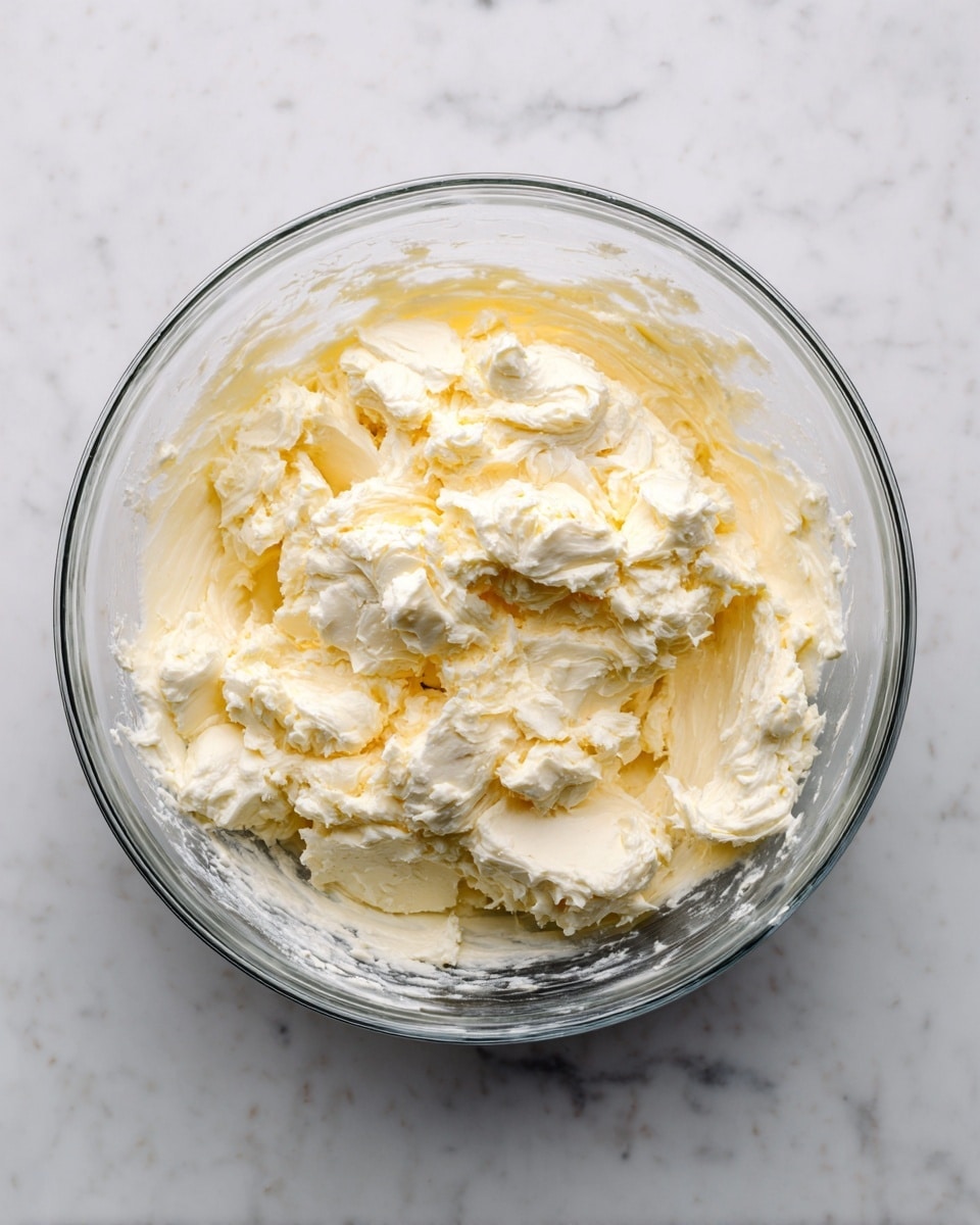 A clear glass bowl sits on a white marbled surface, filled with a creamy, chunky mixture. The dish has roughly chopped pieces that are pale yellow and white, coated evenly in a thick, smooth cream, creating a textured but uniform look. The mixture fills the bowl almost to the top, with small bits sticking slightly above the surface, showing a mix of soft and slightly firmer pieces spread throughout. photo taken with an iphone --ar 4:5 --v 7