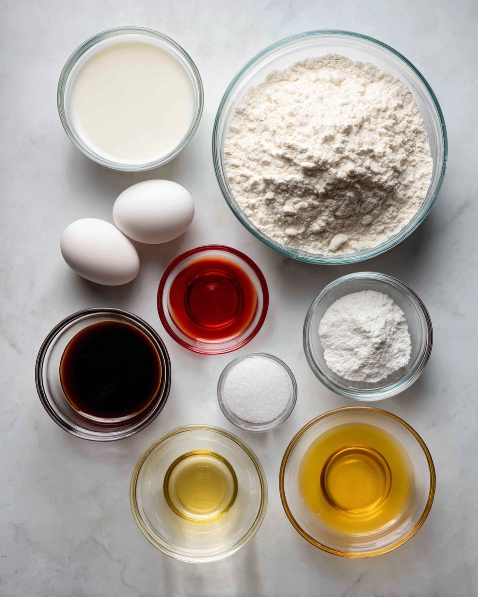 Seven clear glass bowls arranged on a flat white marbled surface hold baking ingredients. The top row from left has a small bowl of milk, a mid-sized bowl with two raw eggs, and a large bowl filled with white flour. On the bottom row from left, there is a small bowl of dark brown vanilla extract, a small bowl with red syrup, a mid-sized bowl with pale yellow oil, and a small bowl of white powdered sugar. Soft natural light shines evenly across the scene. photo taken with an iphone --ar 4:5 --v 7