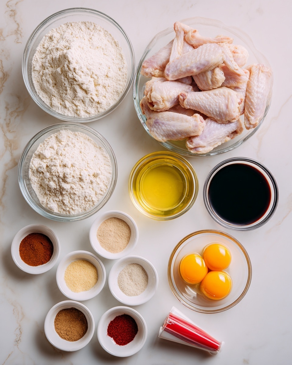 The image shows a white marbled surface with several clear glass bowls arranged neatly. On the left, there are two bowls filled with white flour, one slightly larger than the other. Next to them is a larger bowl holding raw chicken wings with pale pink skin. In the center, a medium-sized glass holds light yellow cooking oil. To the right, a small glass bowl contains a dark liquid, likely soy sauce or vanilla. Further right, there is a glass bowl with two raw eggs, bright yellow yolks and clear whites visible. Surrounding the eggs are small white bowls, each holding different powdery spices in colors such as red, beige, white, black, and brown. A red and white condiment squeeze bottle lays horizontally near the egg bowl. The setup is clean and organized, showing ingredients ready for cooking. photo taken with an iphone --ar 4:5 --v 7