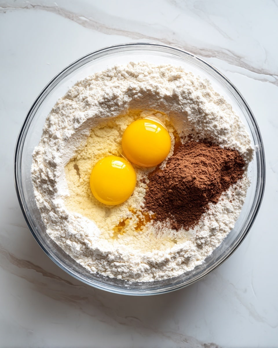 A clear glass bowl holds the dry and wet ingredients for a recipe, placed on a white marbled surface. Inside the bowl, there are two bright yellow egg yolks and clear egg whites lying side by side on top of a large pile of white flour that almost fills half of the bowl. Near the eggs, there is a small pile of dark brown powder, likely cocoa or a similar ingredient, and a thin light brown syrup or liquid pooling near the edge of the flour. The overall look is simple, showing the ingredients ready to be mixed. photo taken with an iphone --ar 4:5 --v 7