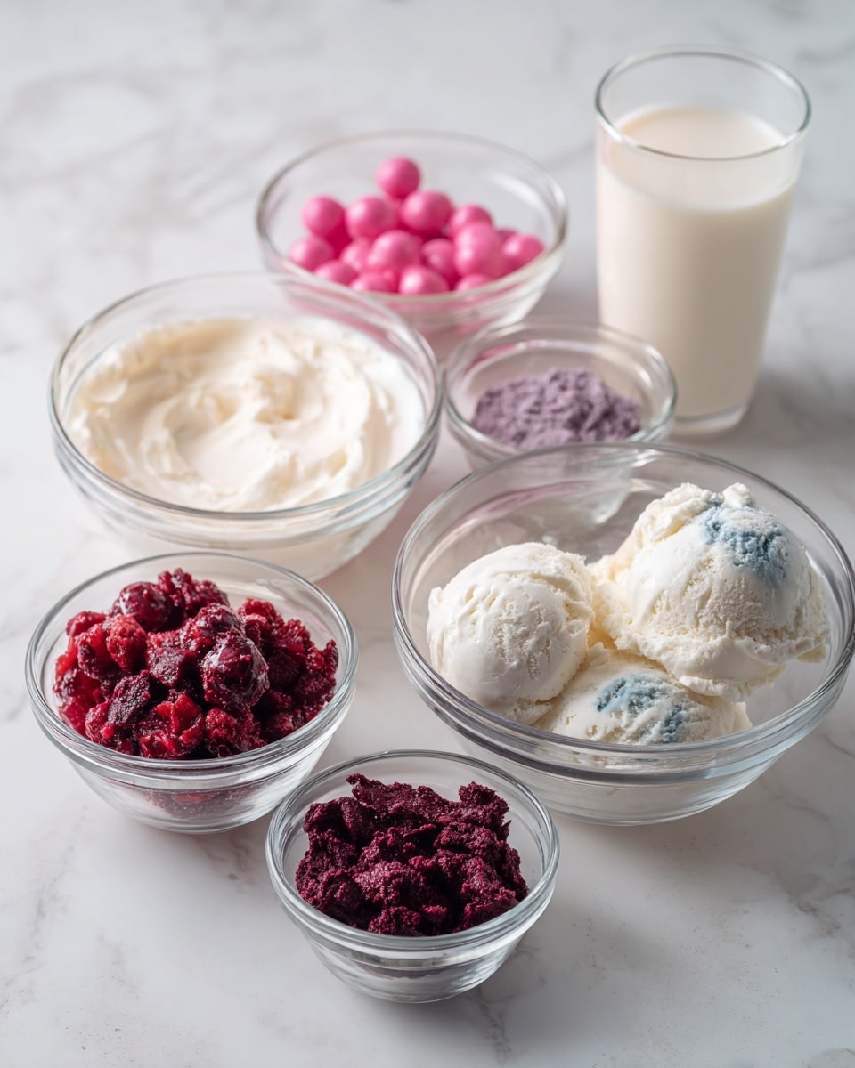 The image shows six clear glass bowls and one clear glass cup arranged on a white marbled surface. The largest bowl on the right holds two scoops of white and blue creamy ice cream with a soft texture. To its left is a smaller bowl filled with thick white cream. Above these, there are three small bowls in a row: the left one has bright pink small round balls, the middle one contains a deep purple chunky ingredient, and the right one holds a fine purple powder. On the far left is a medium bowl filled with frozen red berries, and to the far right is a clear glass cup filled with white milk. The bowls and cup are evenly spaced with soft natural light highlighting their contents. Photo taken with an iphone --ar 4:5 --v 7