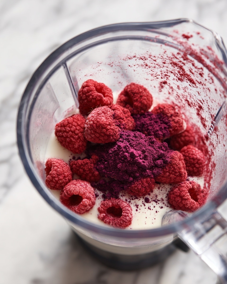 The image shows a clear glass blender placed on a white marbled surface, filled with frozen raspberries and vivid purple powder on top of a white creamy base inside the blender jar. The raspberries are bright red and have a rough texture, while the purple powder looks finely ground and is scattered over the fruit. The creamy layer beneath is smooth and white, creating a contrast with the red and purple ingredients above it. Photo taken with an iphone --ar 4:5 --v 7