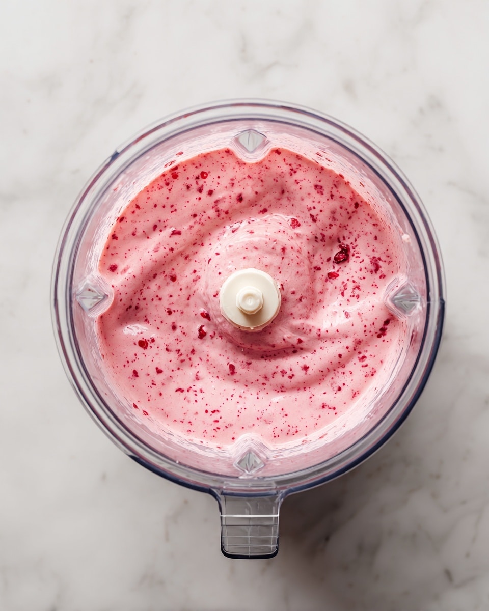 The image shows a clear plastic blender bowl filled with a smooth pink mixture that has tiny darker pink and red specks throughout. The blender bowl is placed on a white marbled surface, and the mixture appears creamy with a slightly frothy texture on top. The central blending blade is visible in the middle, sticking up slightly above the mixture. Photo taken with an iphone --ar 4:5 --v 7
