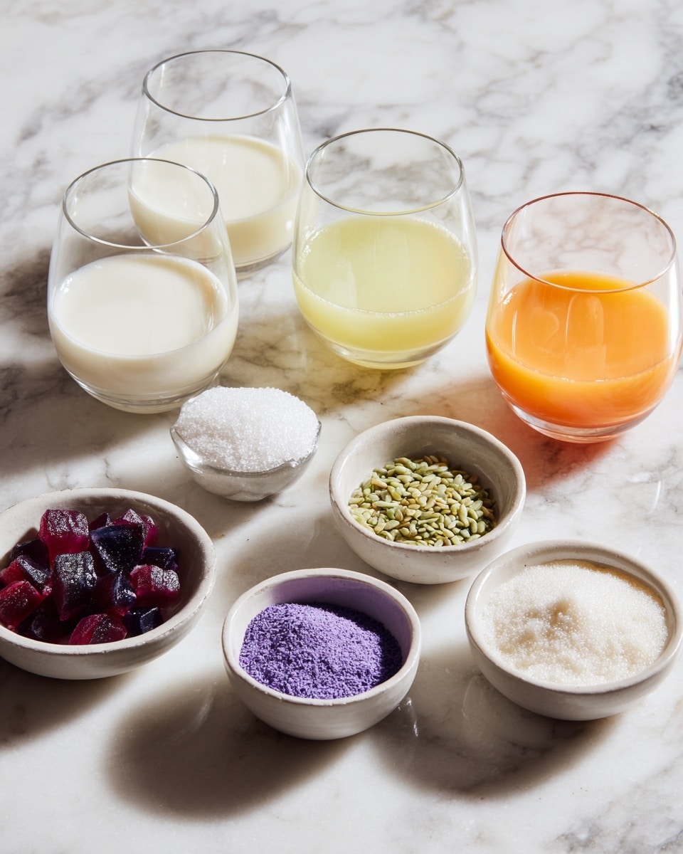 The image shows seven small white bowls and clear glasses arranged on a white marbled surface. There are three clear glasses in the back row, each filled with different liquids: the left glass has a white liquid, the middle glass contains a pale yellow liquid, and the right glass holds an orange liquid. In front of the glasses, there are four small white bowls arranged in a slight curve. The far-left bowl contains small chunks of purple fruit, the next bowl has a bright purple powder, the third bowl holds a small amount of green seeds, and the last bowl to the right contains white granulated sugar. photo taken with an iphone --ar 4:5 --v 7